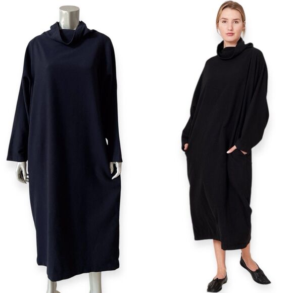 Black Crane Cotton Wool Tube Midi Dress Small Pockets Black Turtleneck Lagenlook - Picture 1 of 9